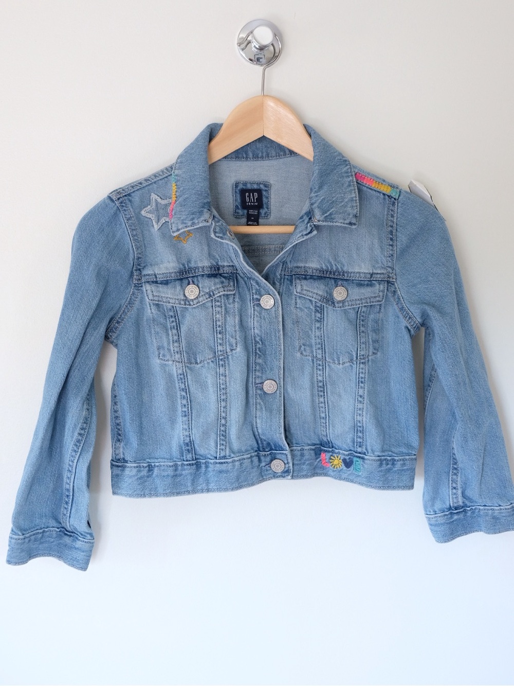 Kids GAP Denim Jacket with Colorful Embroidered Stars, Rainbow, Love Size XL